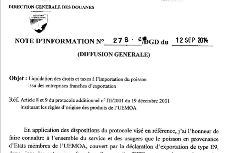 Importation de Poisson :Liquidation de Droits et taxes issu des Entreprises franches d&#039;exportation