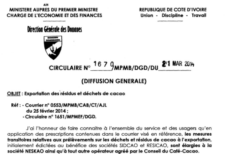 Exportation des résidus et déchets de cacao