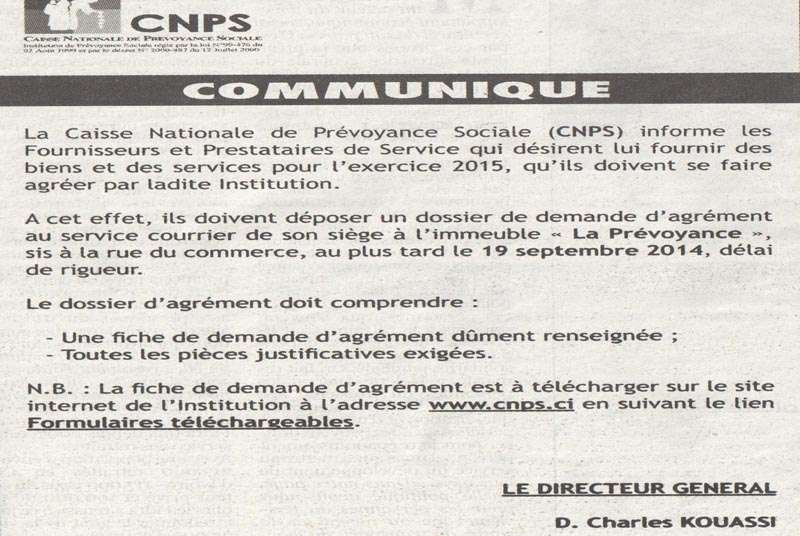 CNPS: Fournisseurs invités à se faire agréer