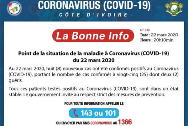 La Côte d&#039;Ivoire compte 25 cas confirmés de personnes atteintes par le coronavirus et 2 patients guéris